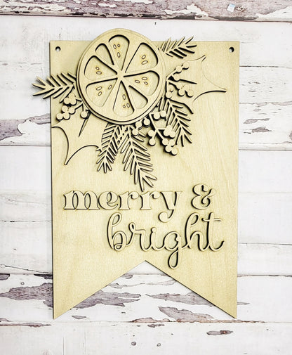 Letrero "Merry &amp; Bright - Listo para pintar" de 10,75 x 7,25 pulgadas para colgar en la puerta