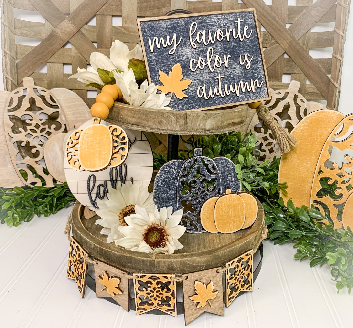 Bandeja escalonada ornamentada de otoño elegante - Kit listo para pintar