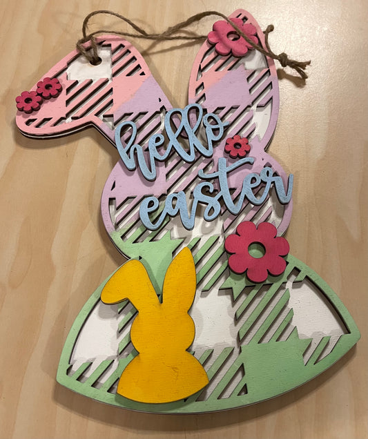 Colgador de puerta con diseño de conejo a cuadros de búfalo de Pascua/primavera, listo para pintar